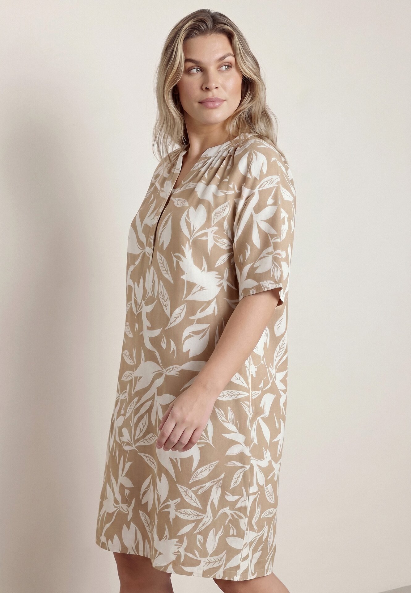 j&x Rochie tip cutie din vâscoză cu imprimeu vegetal și nasturi la decolteu Acosia Bej deschis