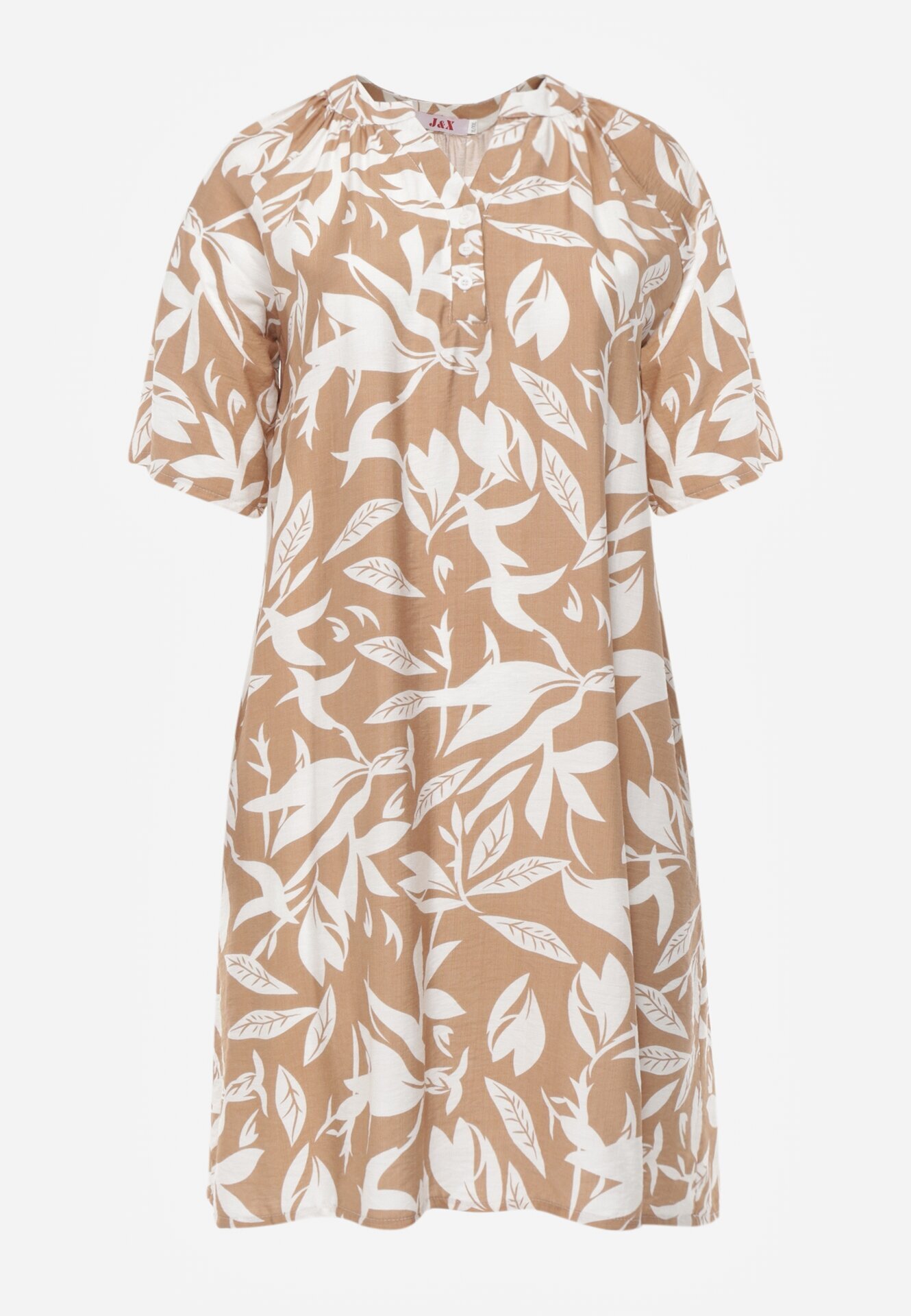 j&x Rochie tip cutie din vâscoză cu imprimeu vegetal și nasturi la decolteu Acosia Bej deschis