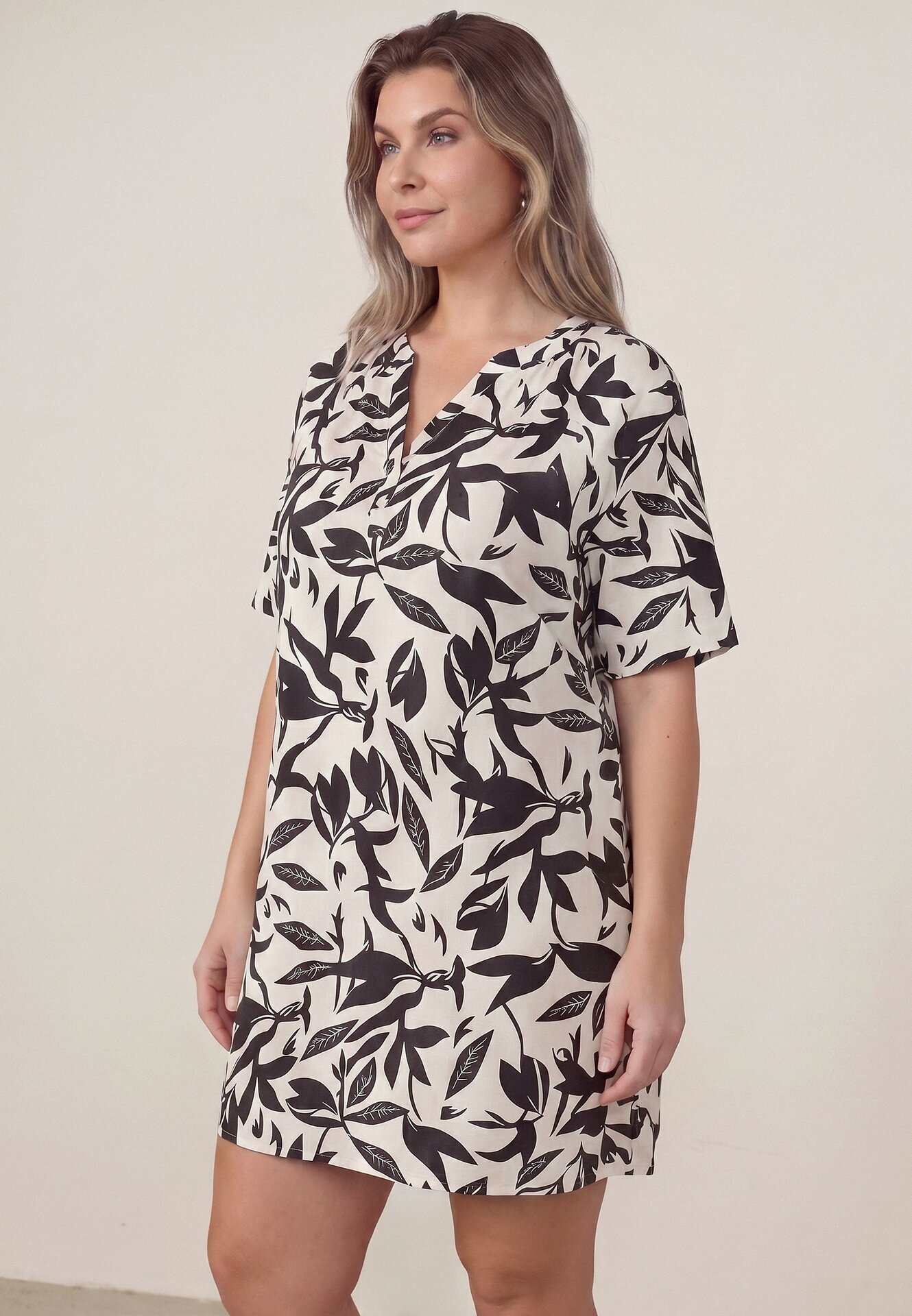j&x Rochie tip cutie din vâscoză cu imprimeu vegetal și nasturi la decolteu Acosia Neagră