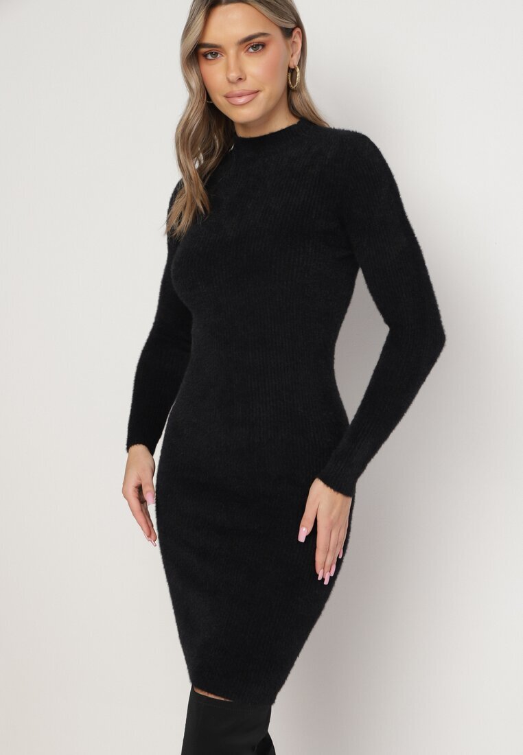 j&x Rochie tip pulover neagră midi din lână cu textură striată Johnnath