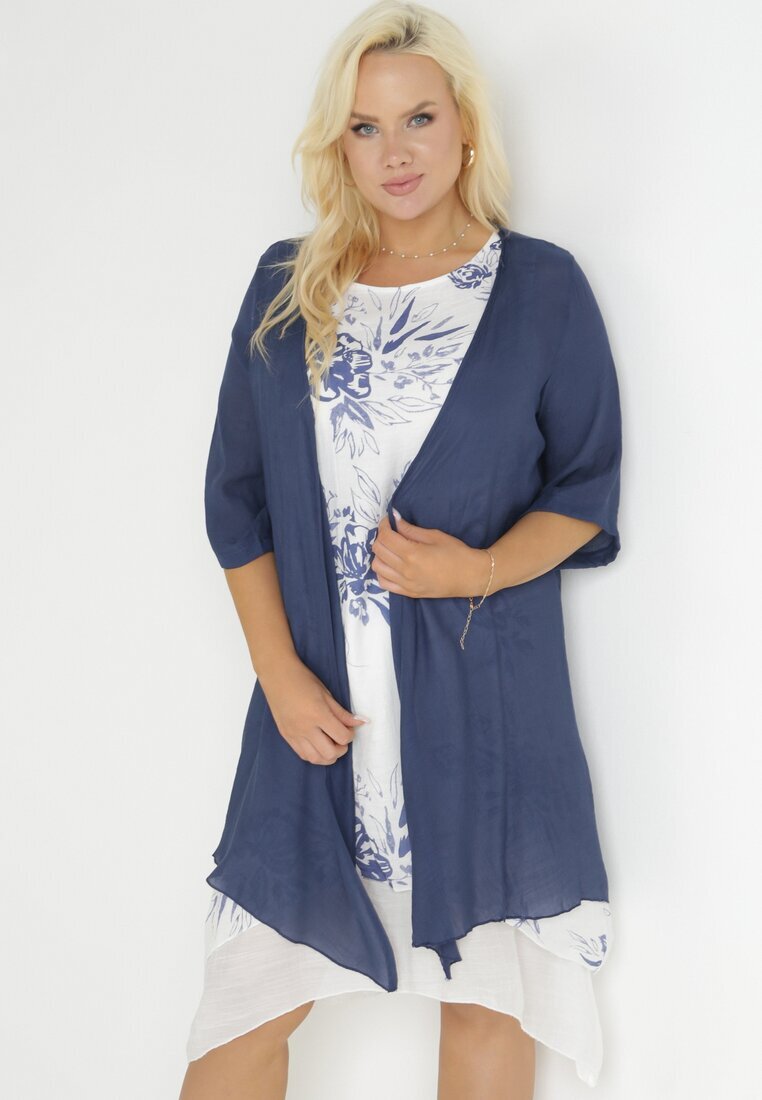 j&x Rochie Trapezoidală Midi în Bleumarin și Alb din Bumbac cu Flori și Bolero Elephira