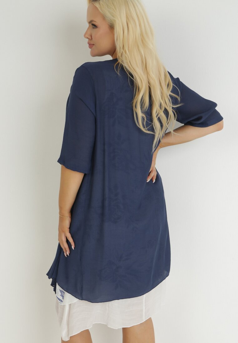 j&x Rochie Trapezoidală Midi în Bleumarin și Alb din Bumbac cu Flori și Bolero Elephira
