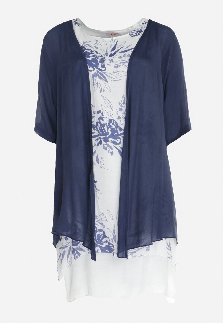 j&x Rochie Trapezoidală Midi în Bleumarin și Alb din Bumbac cu Flori și Bolero Elephira