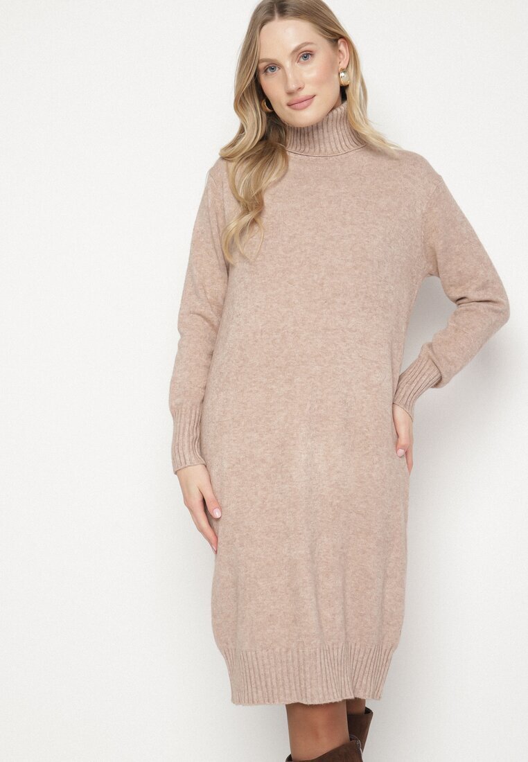 j&x Rochie tricotată bej cu bumbac croială dreaptă și guler înalt Tesala
