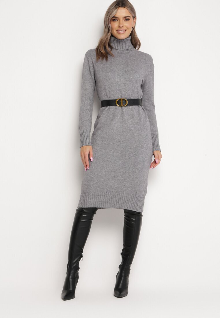j&x Rochie tricotată din lână Gri Midi cu guler înalt Doulcetta