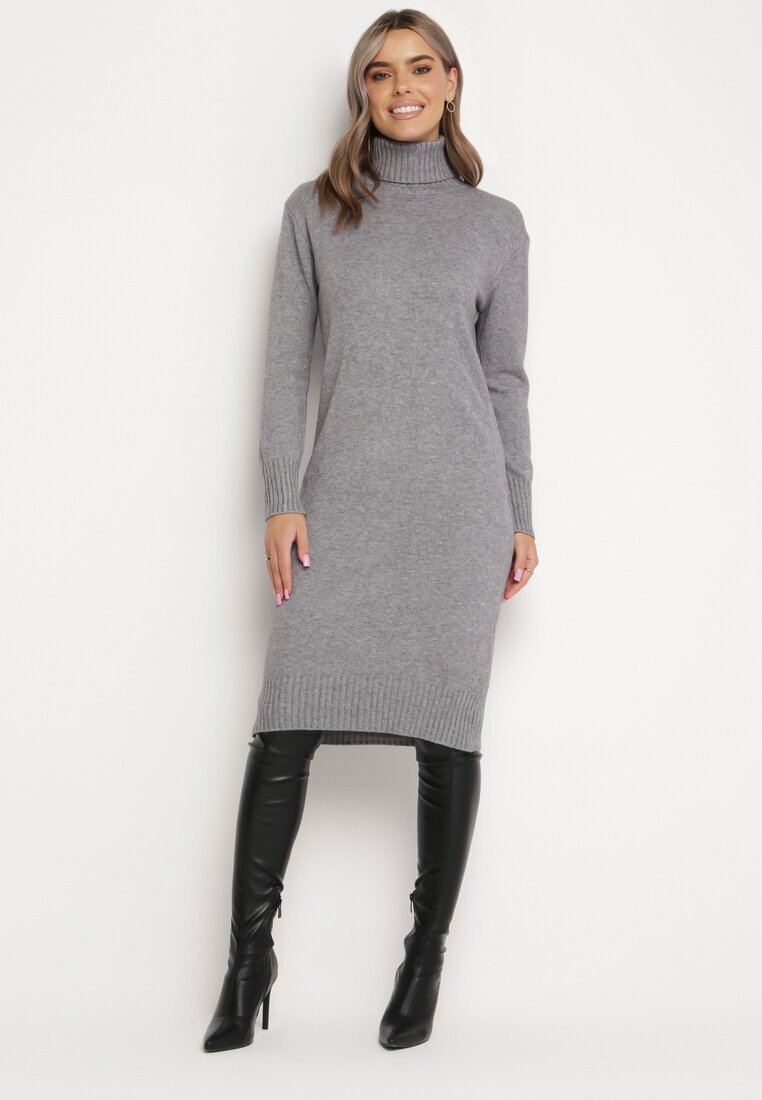 j&x Rochie tricotată din lână Gri Midi cu guler înalt Doulcetta