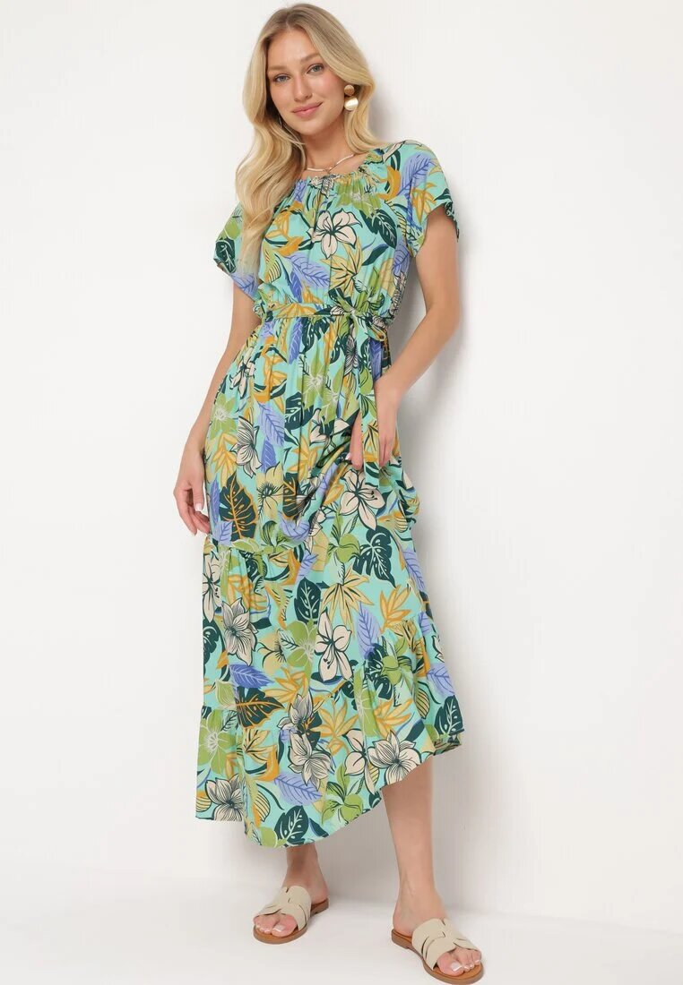 j&x Rochie Verde-Albastră din Viscoză cu Imprimeu Floral Evazată Legată în Talie Quilbia