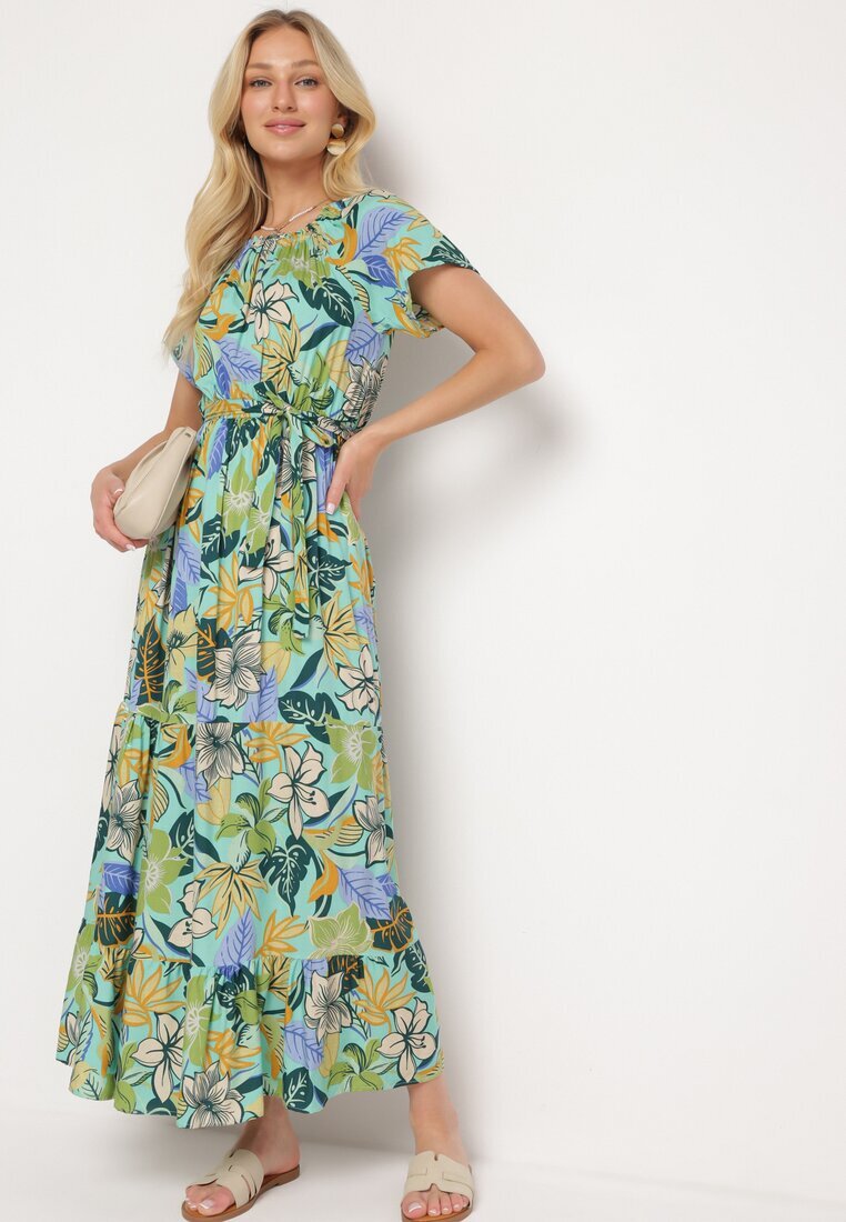 j&x Rochie Verde-Albastră din Viscoză cu Imprimeu Floral Evazată Legată în Talie Quilbia
