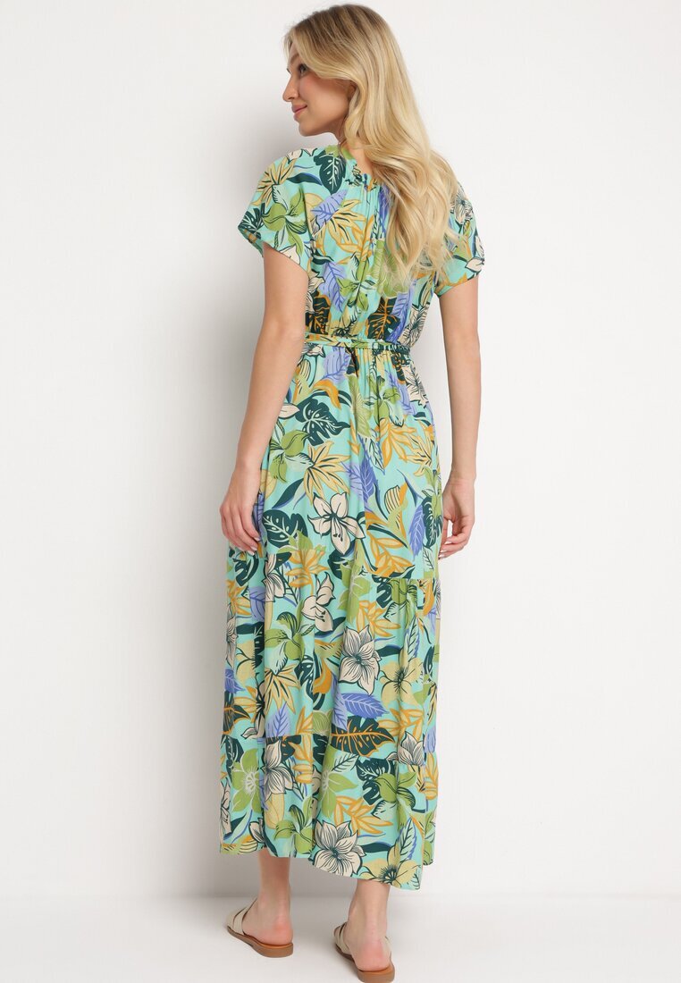j&x Rochie Verde-Albastră din Viscoză cu Imprimeu Floral Evazată Legată în Talie Quilbia