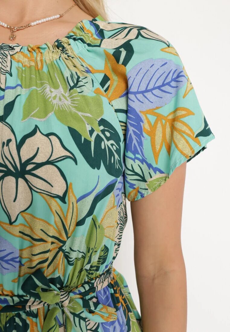 j&x Rochie Verde-Albastră din Viscoză cu Imprimeu Floral Evazată Legată în Talie Quilbia