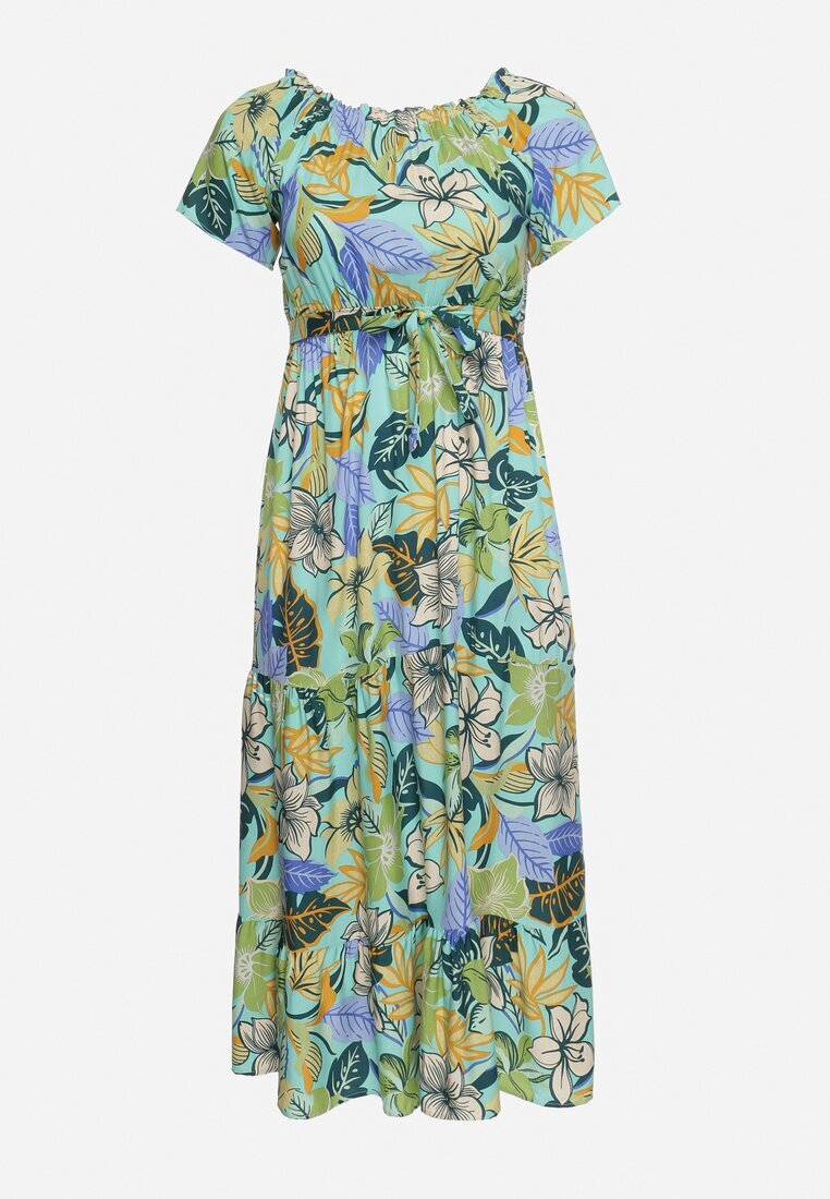 j&x Rochie Verde-Albastră din Viscoză cu Imprimeu Floral Evazată Legată în Talie Quilbia