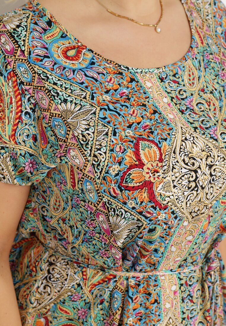 j&x Rochie Verde-bej din viscoză în stil Boho cu croială tip cutie și cordon din material Neteri