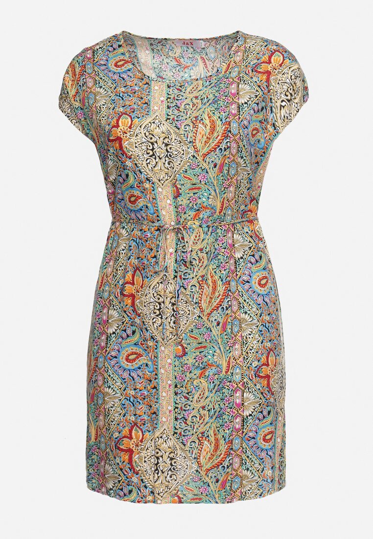 j&x Rochie Verde-bej din viscoză în stil Boho cu croială tip cutie și cordon din material Neteri