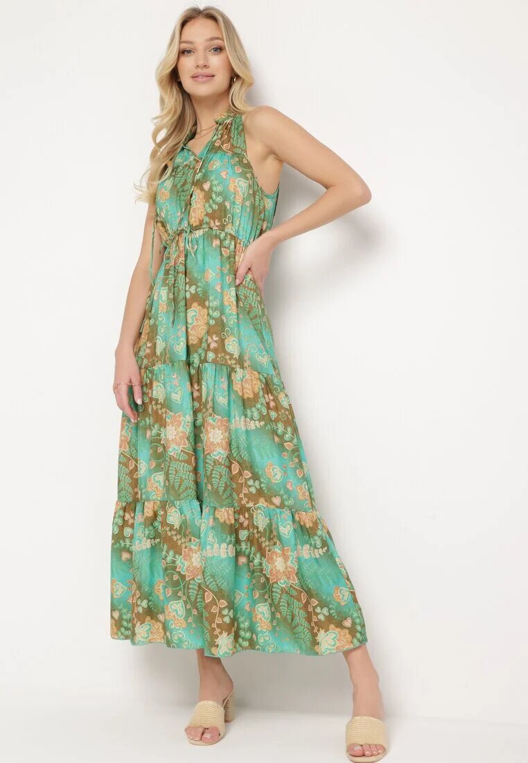j&x Rochie Verde Cintrată Florală cu elastic în talie și legătură la gât Lusaria