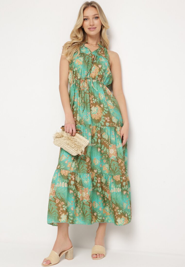 j&x Rochie Verde Cintrată Florală cu elastic în talie și legătură la gât Lusaria