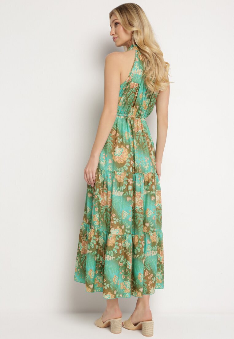 j&x Rochie Verde Cintrată Florală cu elastic în talie și legătură la gât Lusaria