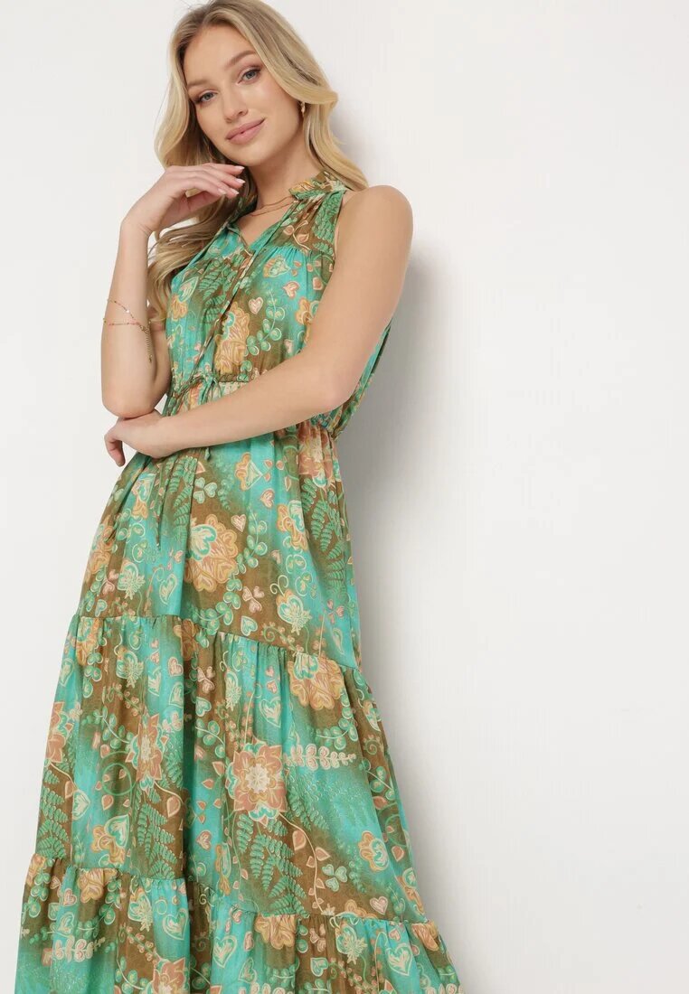 j&x Rochie Verde Cintrată Florală cu elastic în talie și legătură la gât Lusaria