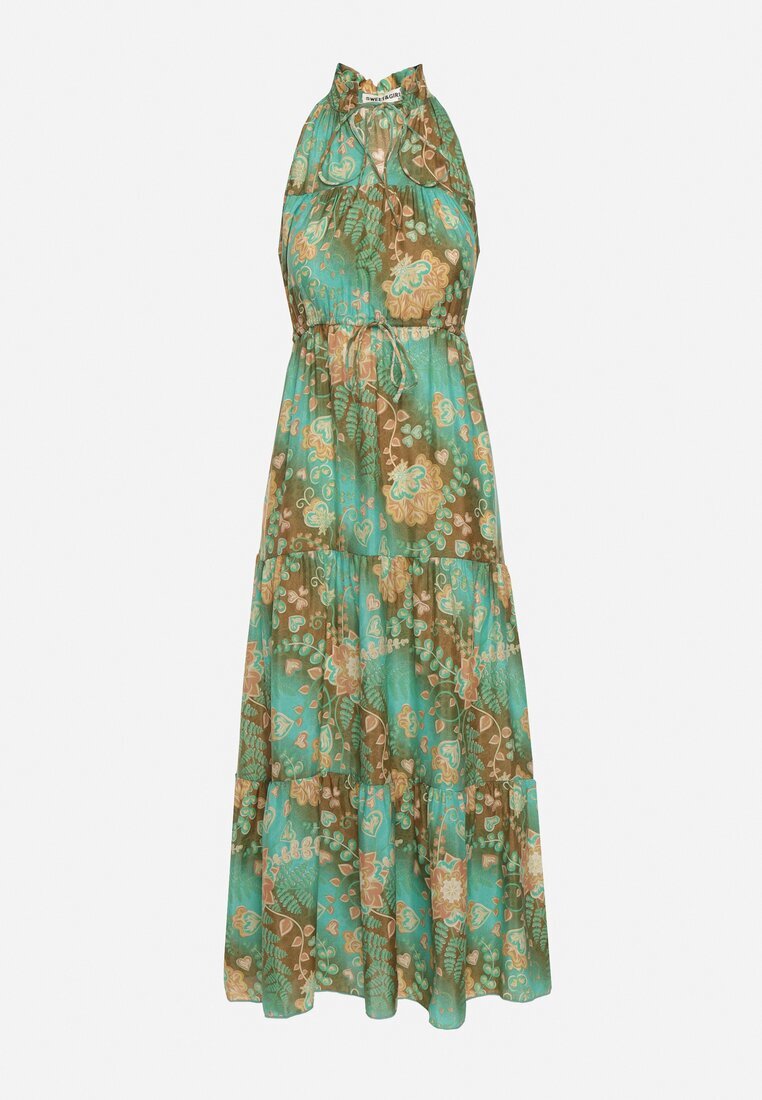 j&x Rochie Verde Cintrată Florală cu elastic în talie și legătură la gât Lusaria