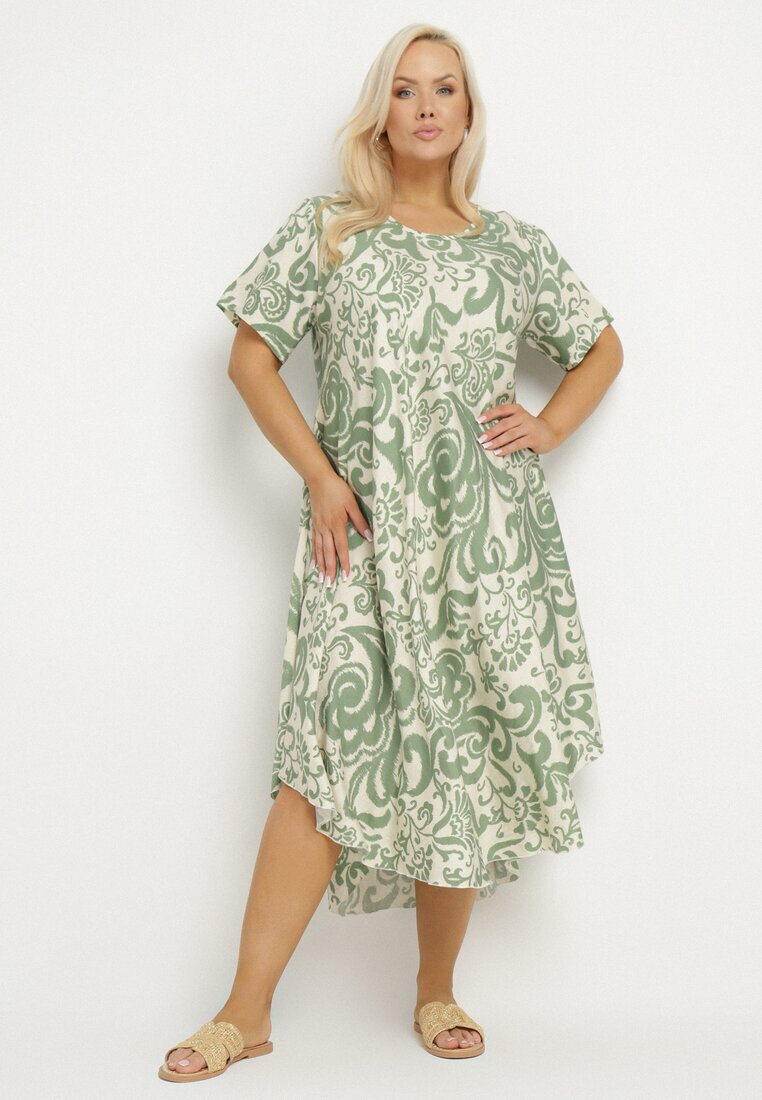 j&x Rochie Verde Cloș din Viscoză cu Model Geometri Emisova