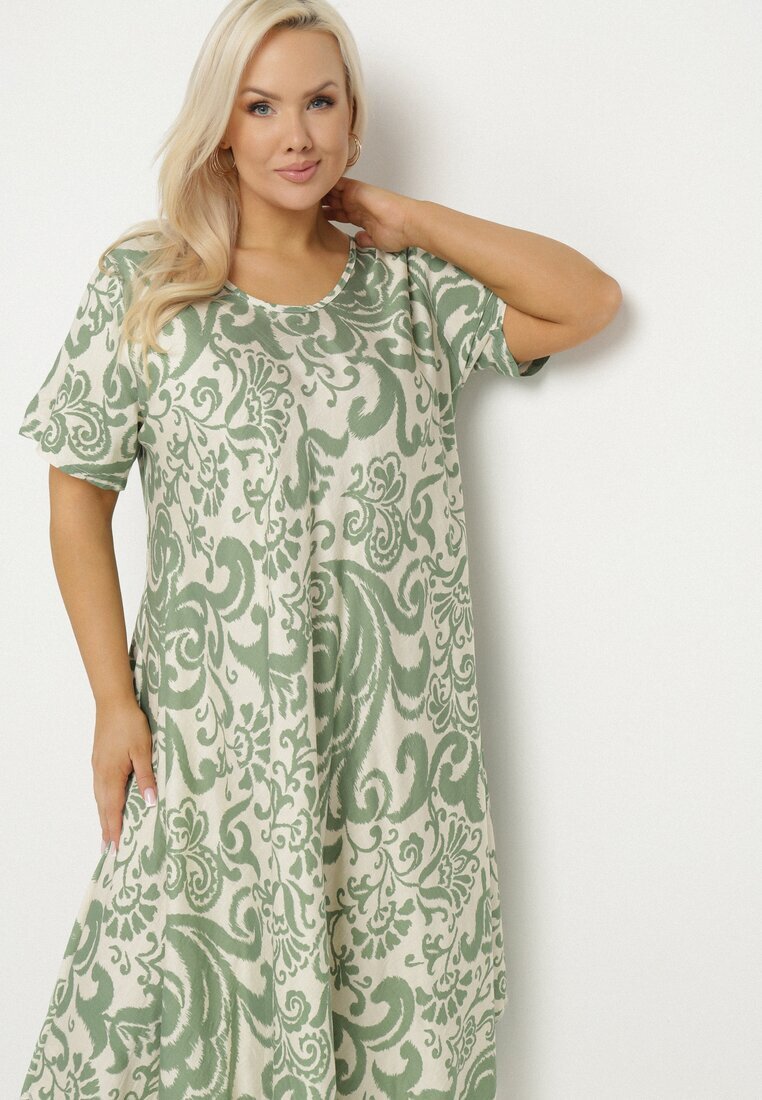 j&x Rochie Verde Cloș din Viscoză cu Model Geometri Emisova