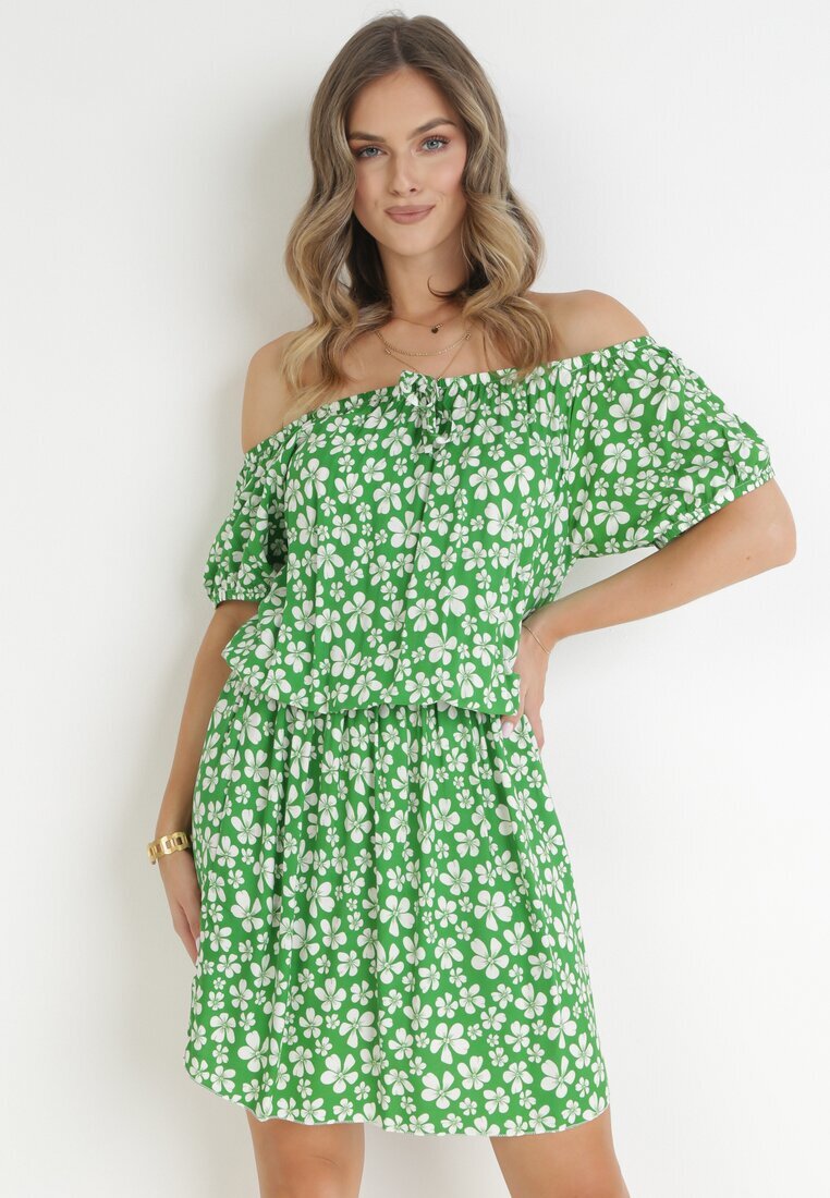 j&x Rochie Verde Cloș Mini cu Decolteu Spaniol și Elastic în Talie din Viscoză Jassinta