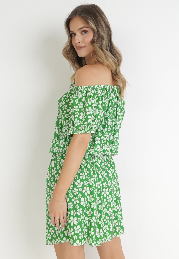 j&x Rochie Verde Cloș Mini cu Decolteu Spaniol și Elastic în Talie din Viscoză Jassinta