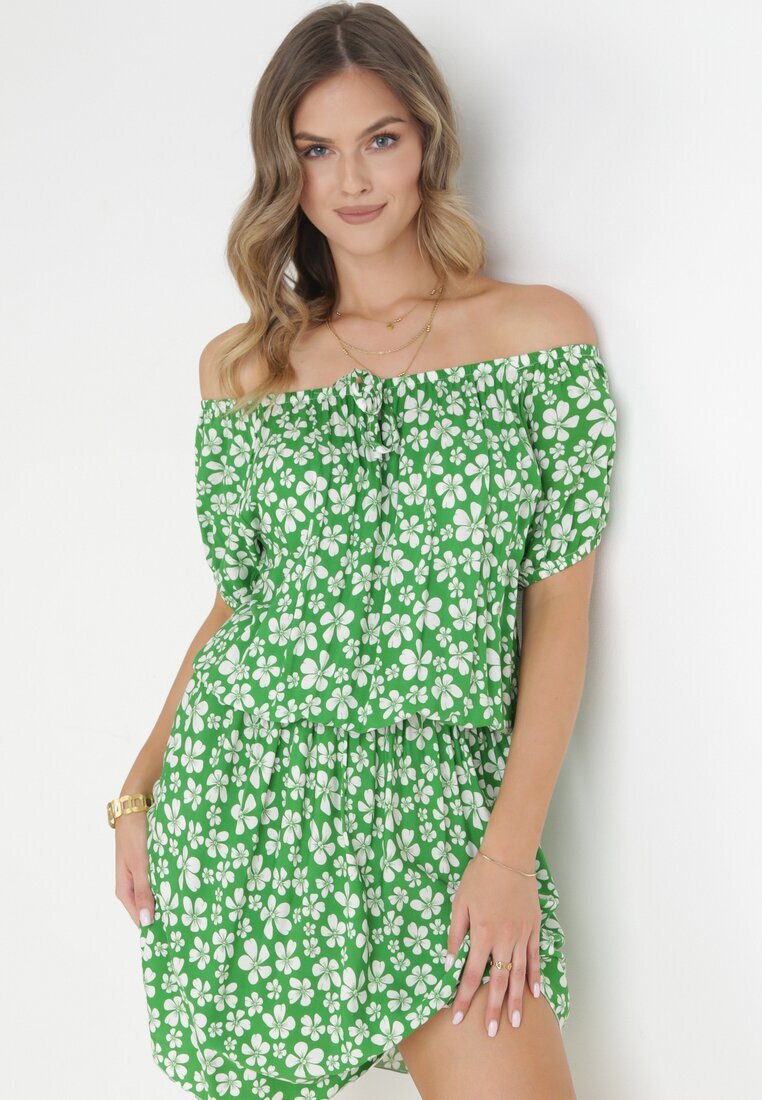 j&x Rochie Verde Cloș Mini cu Decolteu Spaniol și Elastic în Talie din Viscoză Jassinta