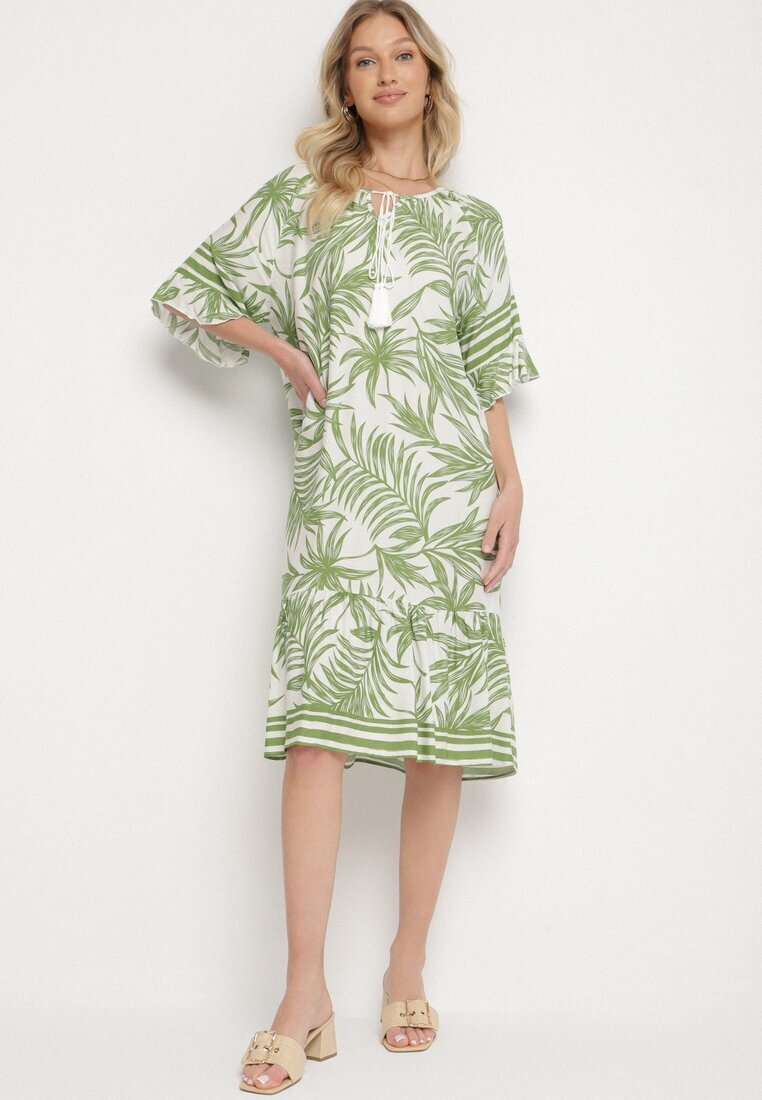 j&x Rochie Verde cu croi tip cutie cu șnur la decolteu cu model vegetal Mirionela