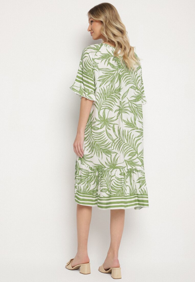 j&x Rochie Verde cu croi tip cutie cu șnur la decolteu cu model vegetal Mirionela