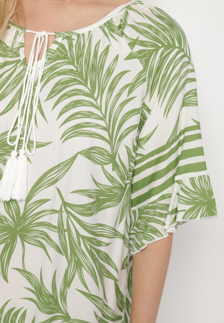 j&x Rochie Verde cu croi tip cutie cu șnur la decolteu cu model vegetal Mirionela
