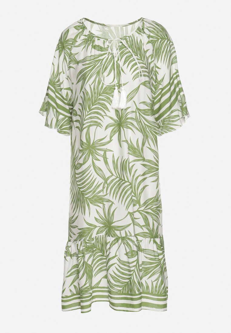 j&x Rochie Verde cu croi tip cutie cu șnur la decolteu cu model vegetal Mirionela