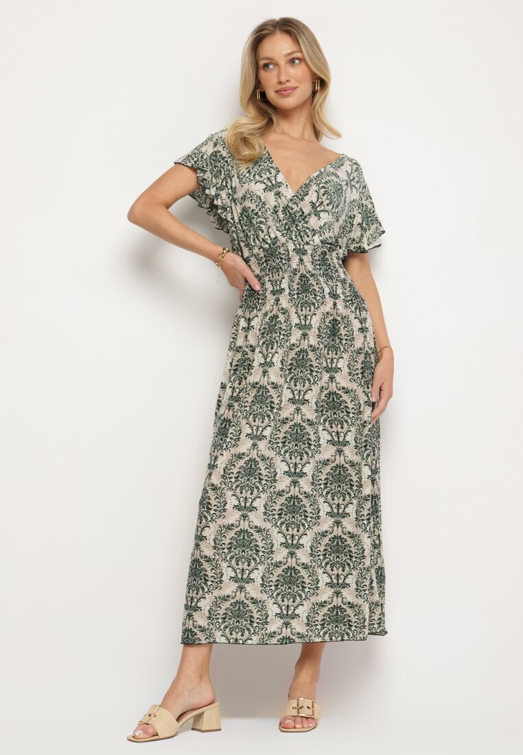 j&x Rochie Verde cu Model Etno cu Volane și Talie Elastică Ellivira