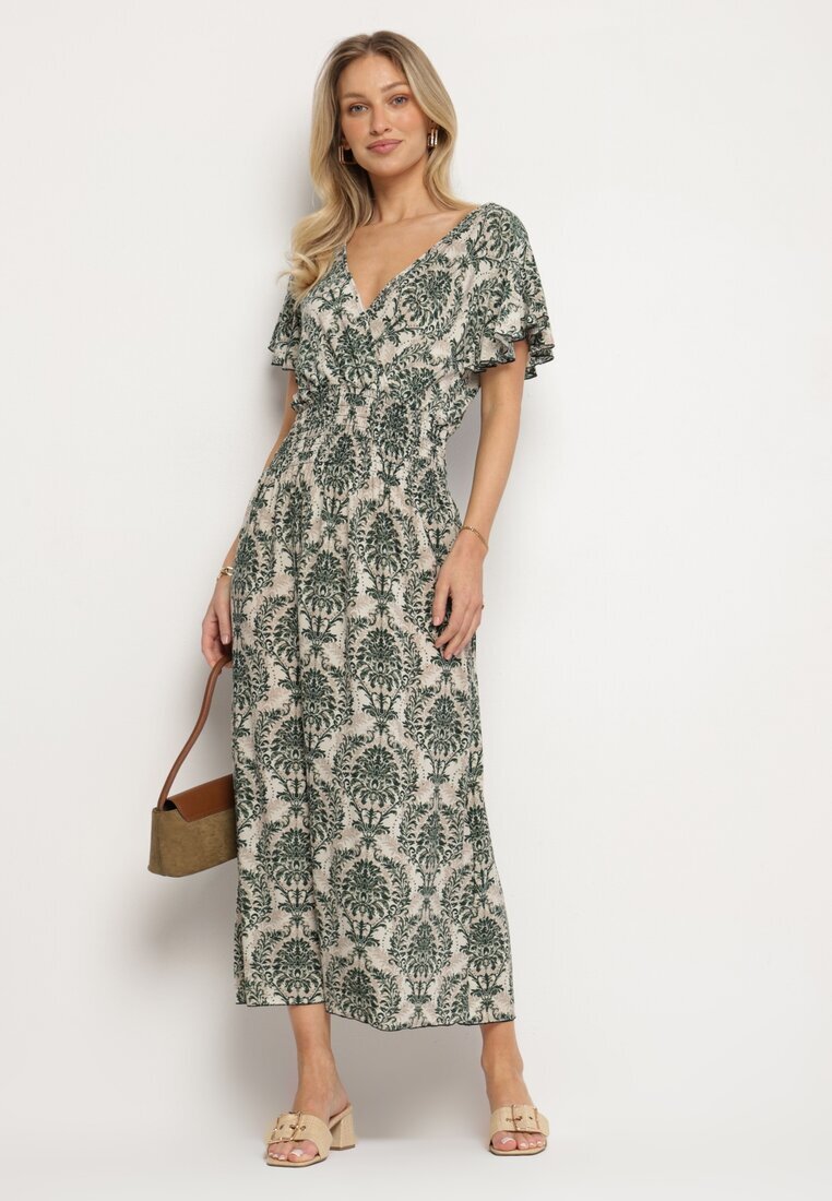 j&x Rochie Verde cu Model Etno cu Volane și Talie Elastică Ellivira