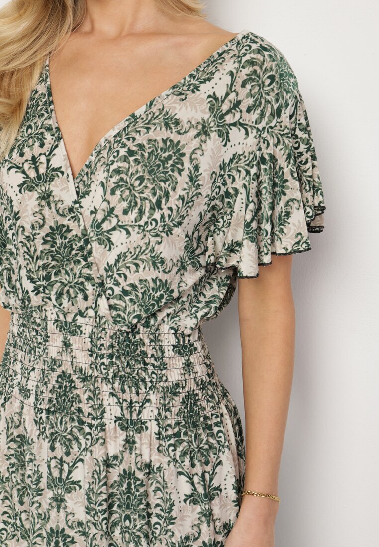 j&x Rochie Verde cu Model Etno cu Volane și Talie Elastică Ellivira