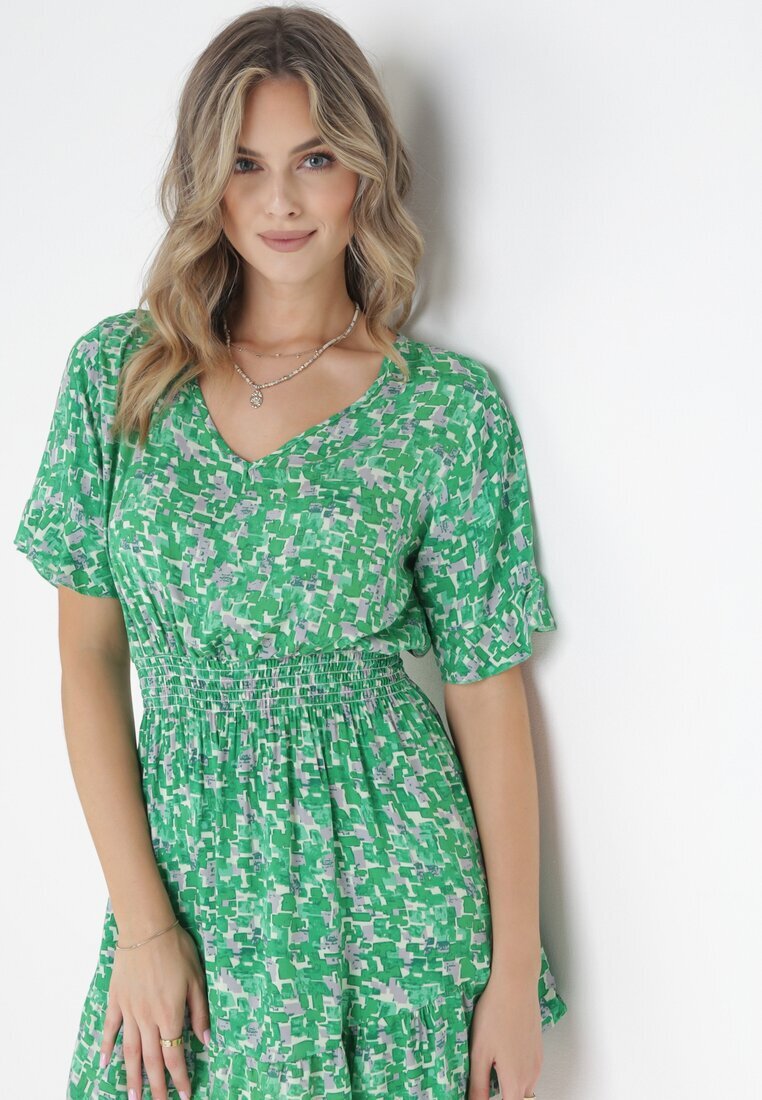 j&x Rochie Verde din viscoză cloș cu volane și elastic în talie Sayu
