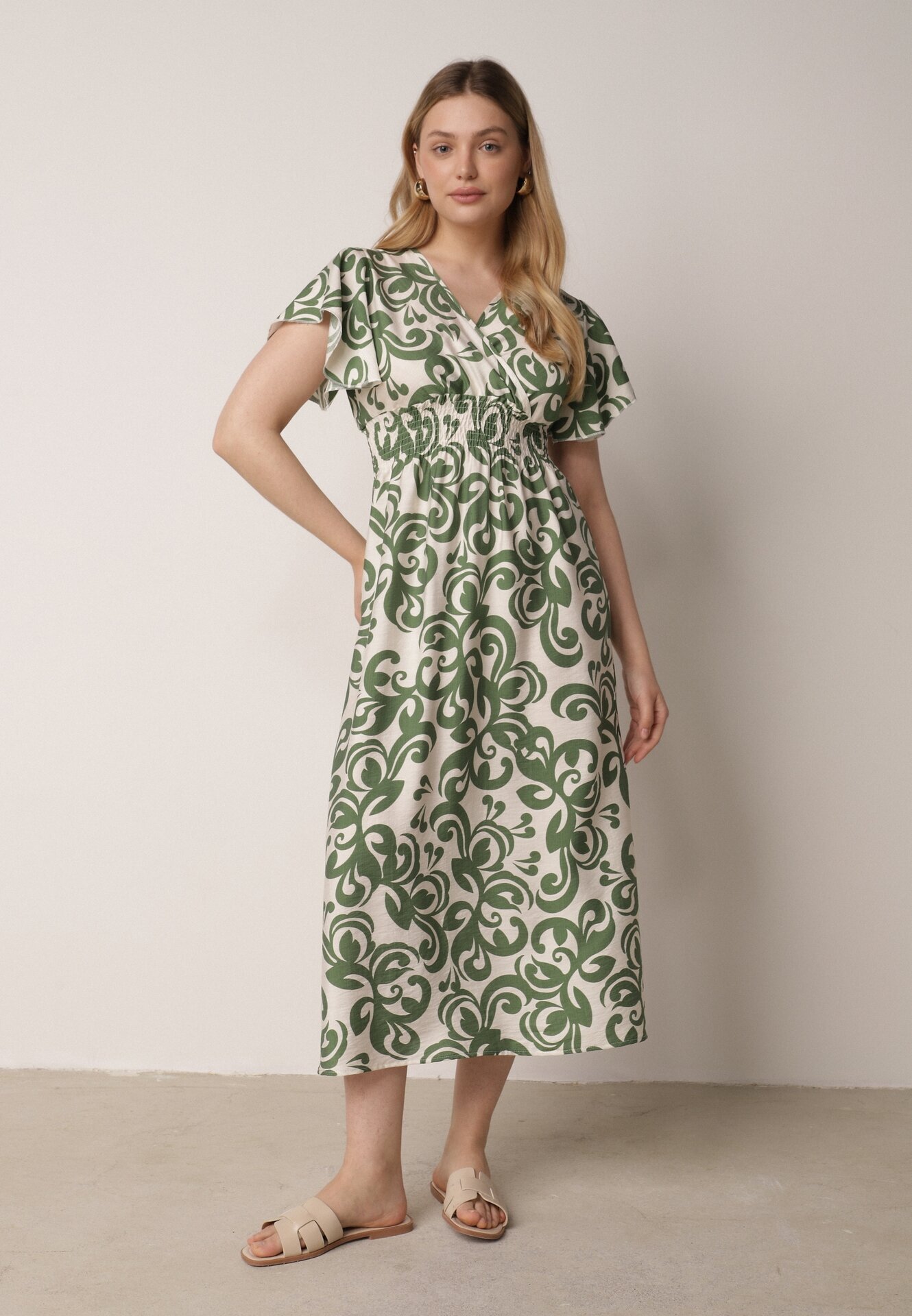j&x Rochie Verde Din viscoză cu decolteu petrecut și elastic în talie Shyraya