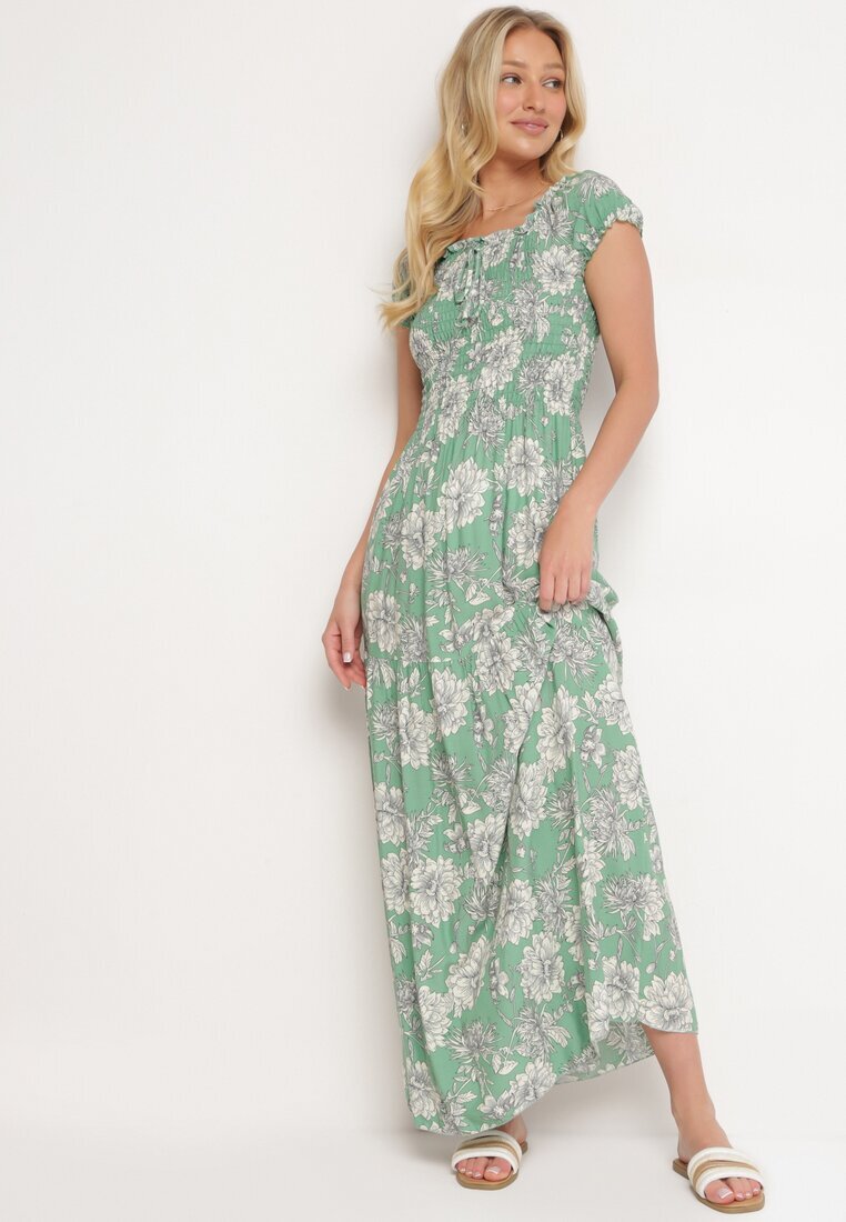 j&x Rochie Verde din Viscoză Stil Spaniol cu Decolteu Încrețit Yelbia