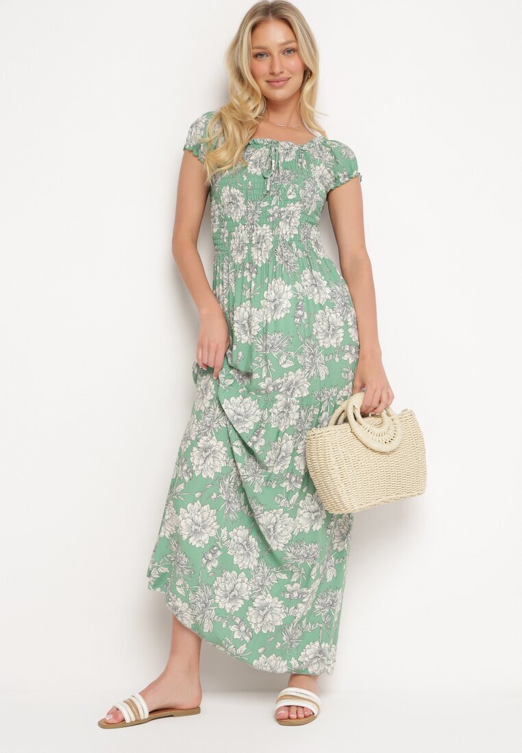 j&x Rochie Verde din Viscoză Stil Spaniol cu Decolteu Încrețit Yelbia