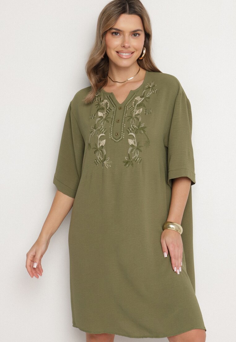j&x Rochie verde închis Dreaptă cu nasturi și broderii decorative Jenivanea