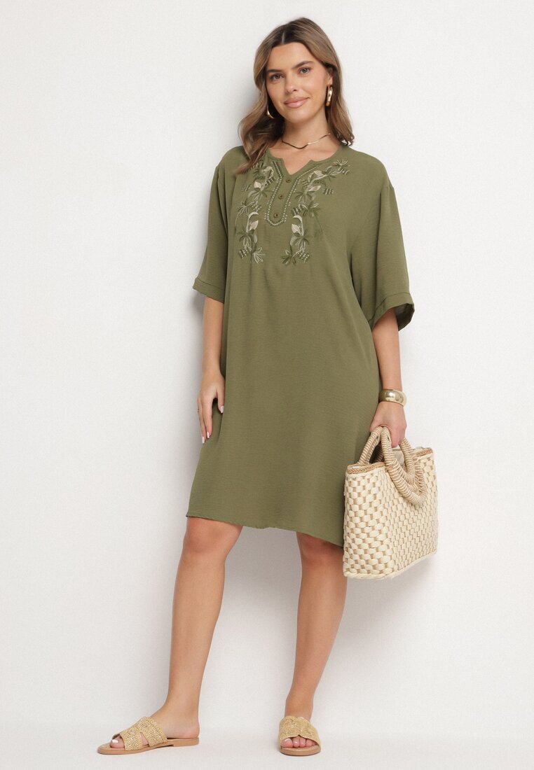 j&x Rochie verde închis Dreaptă cu nasturi și broderii decorative Jenivanea