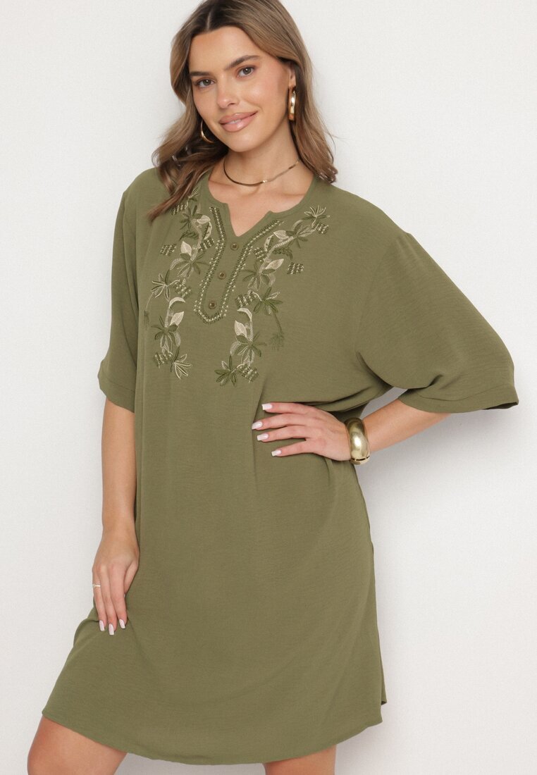 j&x Rochie verde închis Dreaptă cu nasturi și broderii decorative Jenivanea