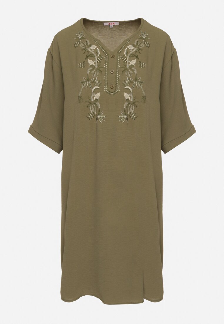 j&x Rochie verde închis Dreaptă cu nasturi și broderii decorative Jenivanea