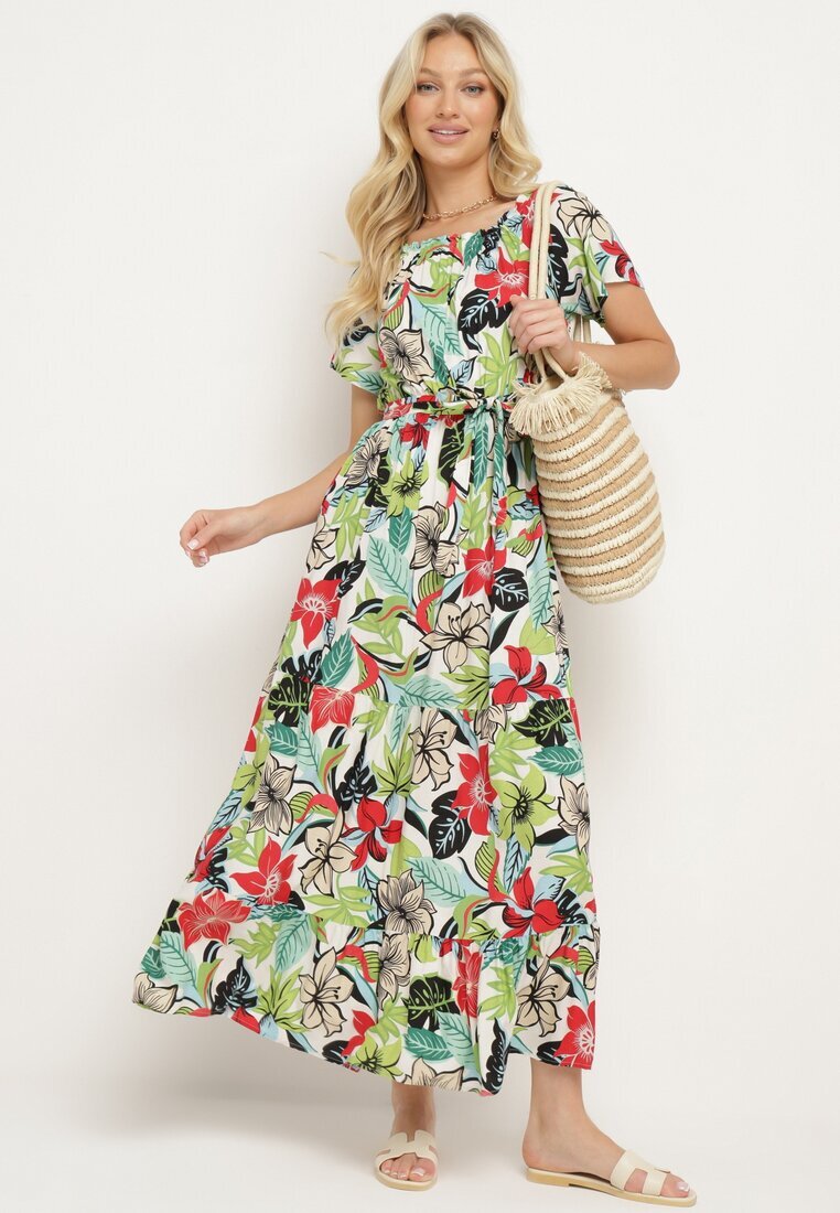 j&x Rochie Verde-Roz din Viscoză cu Imprimeu Floral Cloș Cu cordon în talie Quilbia