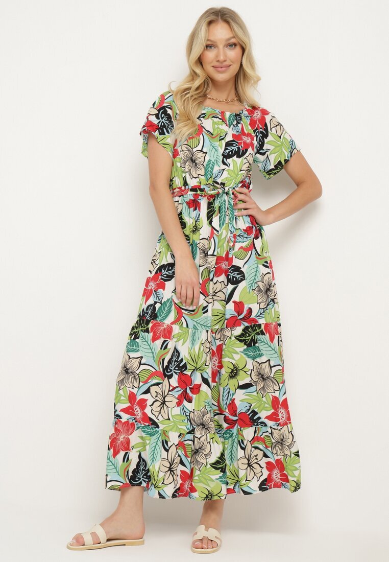 j&x Rochie Verde-Roz din Viscoză cu Imprimeu Floral Cloș Cu cordon în talie Quilbia