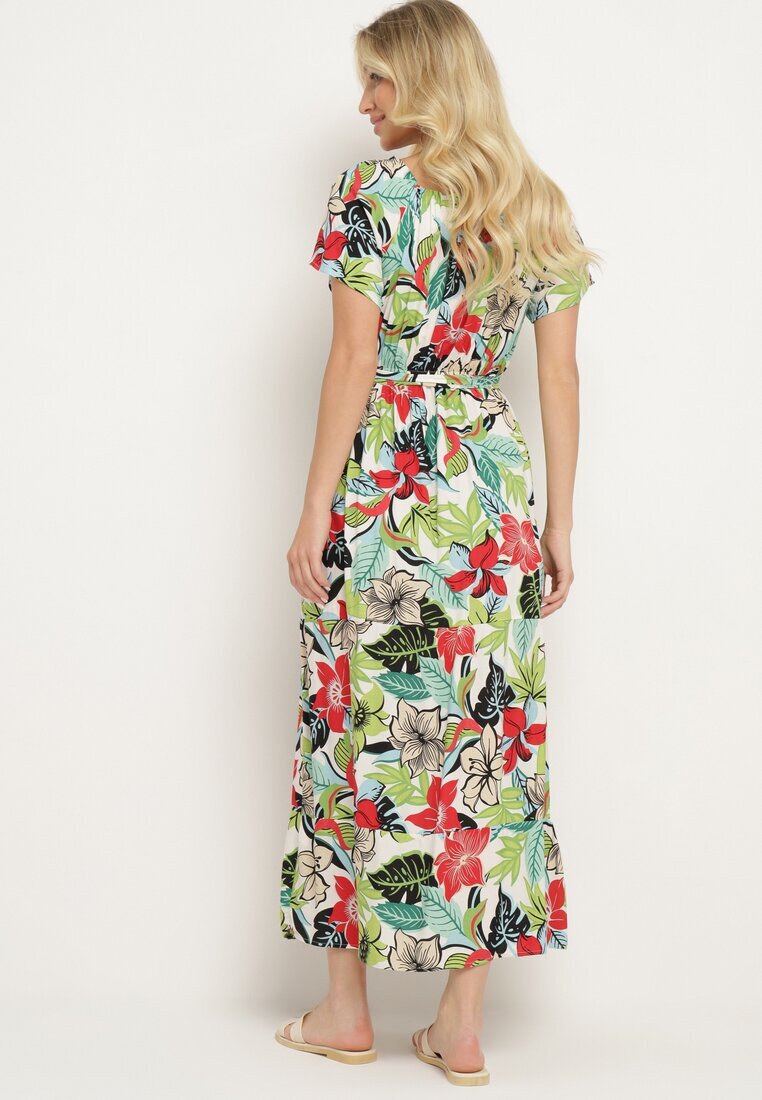 j&x Rochie Verde-Roz din Viscoză cu Imprimeu Floral Cloș Cu cordon în talie Quilbia