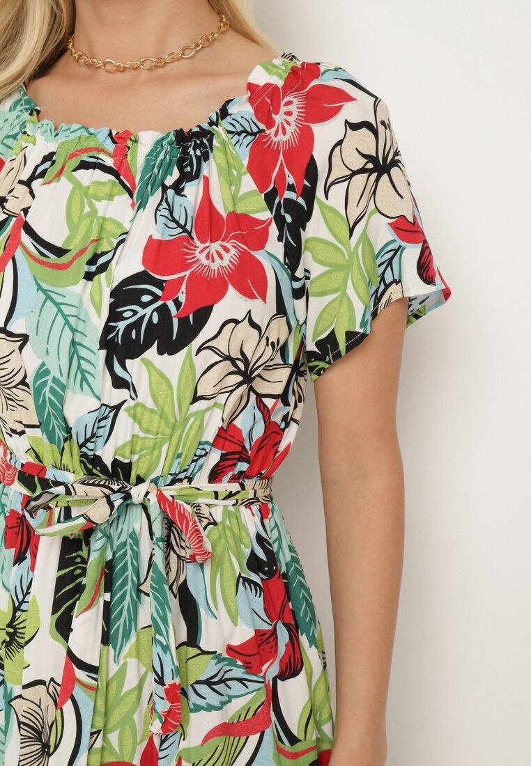 j&x Rochie Verde-Roz din Viscoză cu Imprimeu Floral Cloș Cu cordon în talie Quilbia