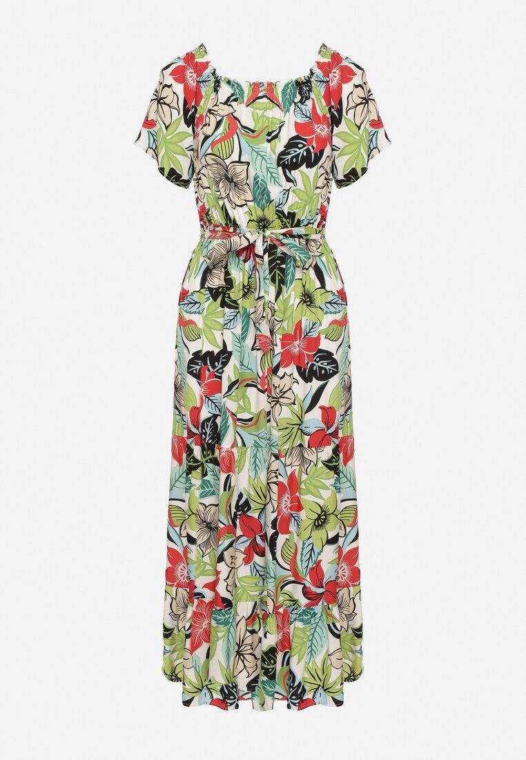 j&x Rochie Verde-Roz din Viscoză cu Imprimeu Floral Cloș Cu cordon în talie Quilbia