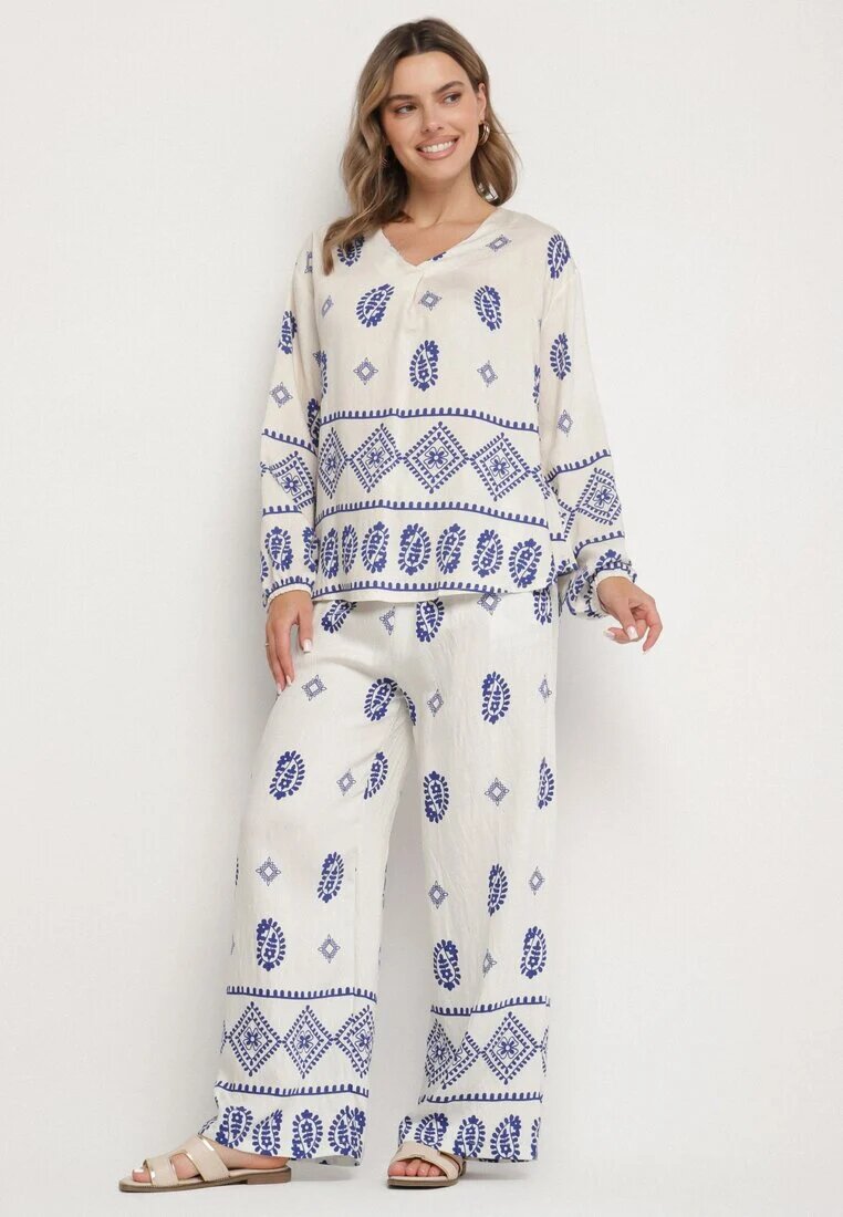 j&x Set Alb-Bleu în Stil Rustic Bluză Lejeră și Pantaloni din Viscoză Emilaris