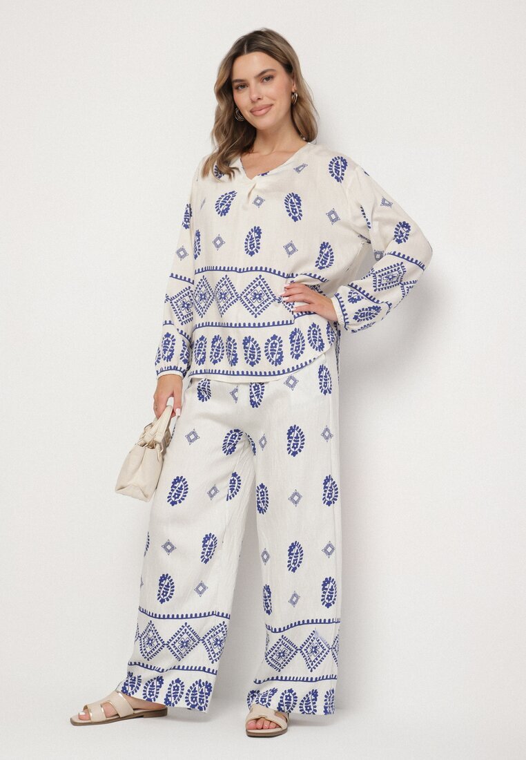 j&x Set Alb-Bleu în Stil Rustic Bluză Lejeră și Pantaloni din Viscoză Emilaris