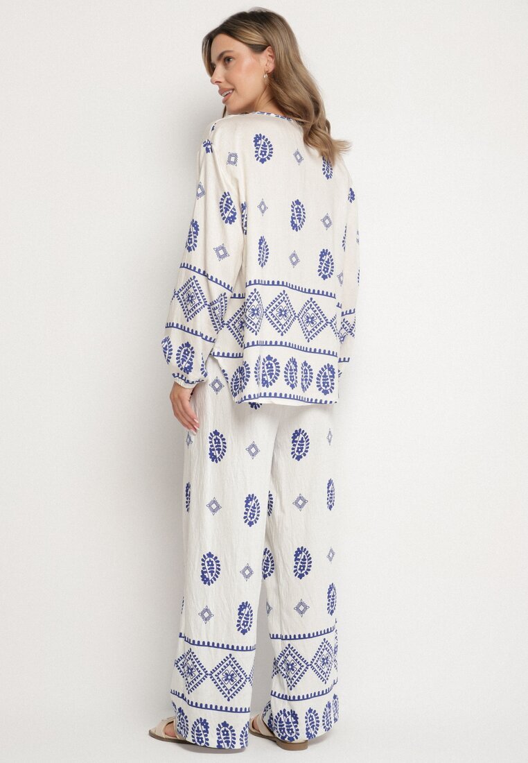 j&x Set Alb-Bleu în Stil Rustic Bluză Lejeră și Pantaloni din Viscoză Emilaris